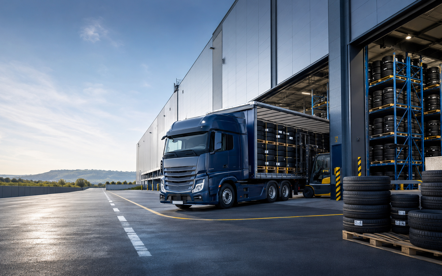 European tyre logistics centre and delivery truck